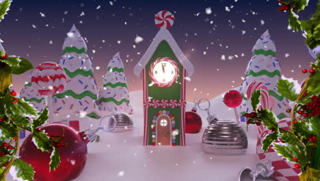 Animation-of-snow-falling-over-christmas-clockhouse-in-winter-landscape