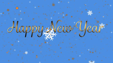 Animation-of-happy-new-year-over-golden-dots-snow-on-blue-background