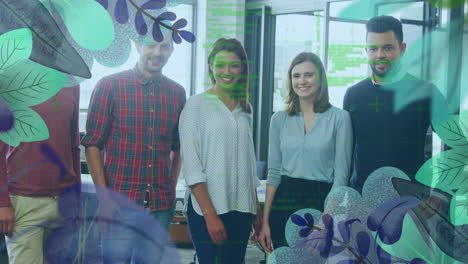 Flower-and-leaves-pattern-and-data-processing-against-diverse-office-colleagues-smiling-at-office