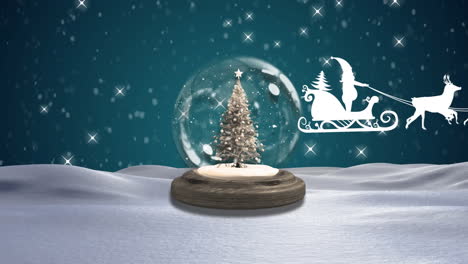 Animation-of-santa-claus-in-sleigh-with-reindeer-over-snow-globe-at-night