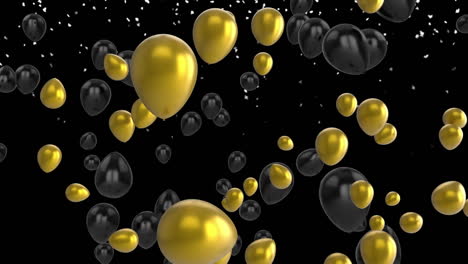 Animation-of-golden-and-black-balloons-flying-over-snow