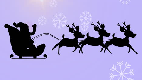 Der-Weihnachtsmann-Im-Schlitten-Wird-Von-Rentieren-über-Fallende-Schneeflocken-Vor-Violettem-Hintergrund-Gezogen