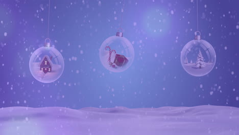 Animation-of-snow-falling-over-christmas-baubles-in-winter-scenery