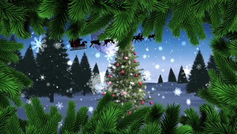 Weihnachtsbaumzweige-Gegen-Schneeflocken,-Die-über-Den-Weihnachtsbaum-In-Der-Winterlandschaft-Fallen
