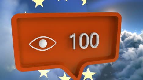 Animation-of-eye-icon-with-numbers-on-speech-bubble-with-european-union-flag