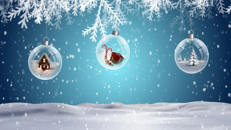 Animation-Von-Tannenbäumen-Und-Kugeln-über-Schnee,-Der-Auf-Die-Winterlandschaft-Fällt