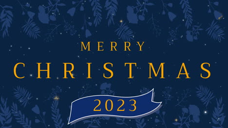 Animation-of-merry-christmas-2023-text-with-flowers-on-blue-background