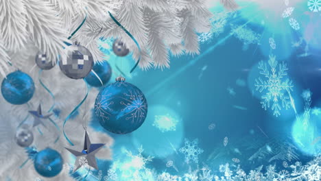 Animation-of-christmas-boubles-over-blue-background-with-snow-falling
