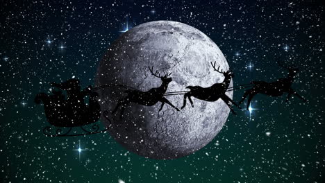 Schnee-Fällt-über-Den-Weihnachtsmann-Im-Schlitten,-Der-Von-Rentieren-Gegen-Den-Mond-Und-Die-Leuchtenden-Sterne-Gezogen-Wird