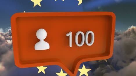 Animation-of-people-icon-with-numbers-on-speech-bubble-with-european-union-flag-and-clouds