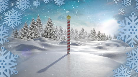 Animación-De-Nieve-Cayendo-Sobre-Un-Paisaje-Invernal-Con-El-Signo-Del-Polo-Norte