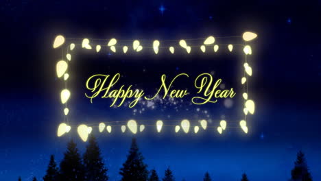 Feliz-Año-Nuevo-Texto-Sobre-Luces-Amarillas-Brillantes-Contra-árboles-Y-Estrellas-Brillantes-En-El-Cielo-Nocturno
