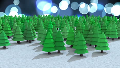 Animation-of-fir-trees-in-winter-scenery-over-flickering-blue-spotlights