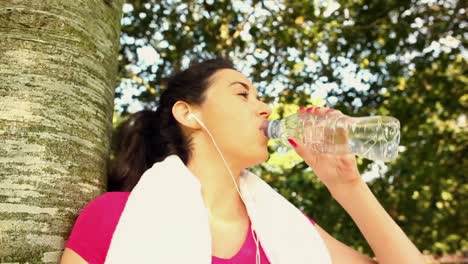 Fit-brunette-drinking-water-after-her-jog-in-the-park