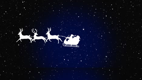 Schnee-Fällt-über-Den-Weihnachtsmann-Im-Schlitten,-Der-Von-Rentieren-Vor-Blauem-Hintergrund-Gezogen-Wird
