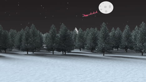 Weihnachtsmann-Im-Schlitten,-Der-Von-Rentieren-über-Die-Winterlandschaft-Gezogen-Wird,-Vor-Dem-Mond-Am-Nachthimmel