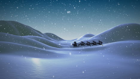 Animation-Von-Schnee,-Der-über-Den-Weihnachtsmann-Im-Schlitten-Mit-Rentieren-Und-Winterlandschaft-Fällt