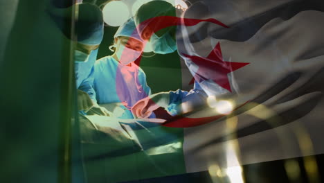 Animation-of-flag-of-algeria-waving-over-surgeons-in-operating-theatre