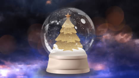 Animation-of-snow-globe-with-christmas-tree-over-fireworks-on-dark-background