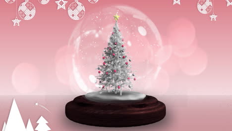 Animación-De-Estrellas-Fugaces-Sobre-Globo-De-Nieve-Con-árbol-De-Navidad-Sobre-Fondo-Rosa