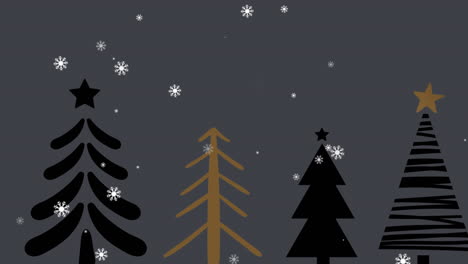 Animation-of-snow-falling-over-fir-trees-on-grey-background