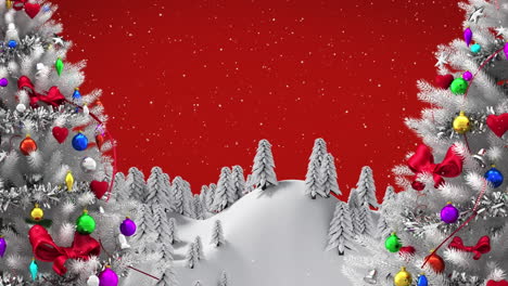 Animation-Von-Schnee,-Der-über-Tannenbäume-Fällt,-Mit-Dekorationen-In-Einer-Winterlandschaft