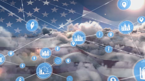 Animation-of-network-of-connections-with-icons-over-flag-of-united-states-of-america-and-clouds