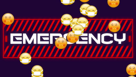 Digital-animation-of-multiple-face-emojis-floating-over-emergency-text-banner-on-blue-background