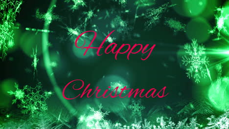 Animation-of-happy-christmas-text-over-falling-snow-on-green-background