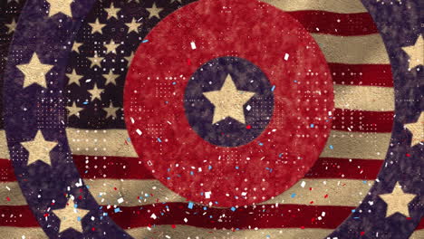 Digital-animation-of-confetti-falling-over-stars-on-spinning-circles-against-waving-american-flag