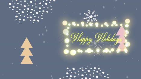 Animation-of-snow-falling-over-happy-holidays-text-with-fir-trees-and-fairy-lights