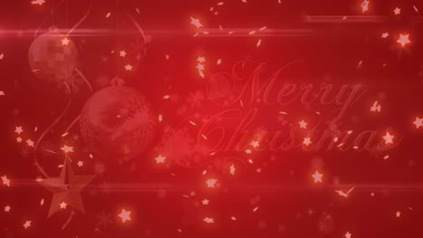 Estrellas-Brillantes-Flotando-Sobre-Texto-De-Feliz-Navidad-Y-Adornos-Navideños-Sobre-Fondo-Rojo