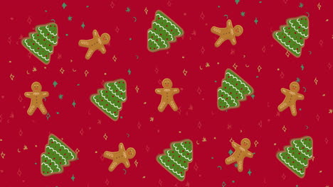 Animation-Mehrerer-Weihnachtsbäume-Und-Plätzchen-Auf-Rotem-Hintergrund