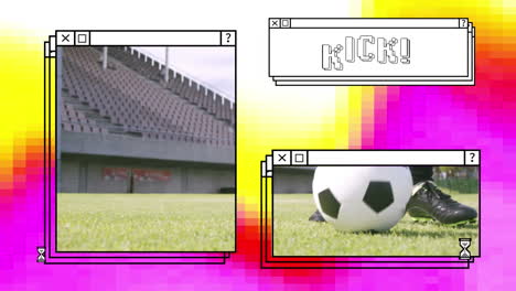 Animation-of-kick-in-white-text-in-stacked-window,-with-football-and-stadium,-on-yellow-and-pink