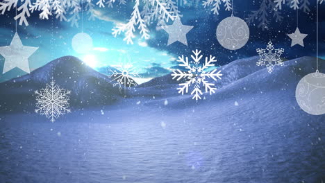 Animation-Von-Schneeflocken-Und-Weihnachtsdekorationen-über-Der-Winterlandschaft