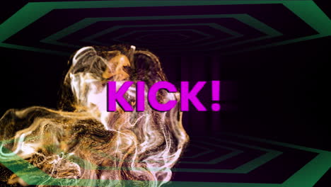 Animation-of-kick-text-in-pink,-with-flames-and-moving-green-shapes-on-black-background