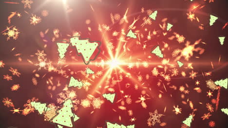 Animation-of-spotlight-with-floating-white-snowflakes,-and-falling-green-christmas-trees-on-red