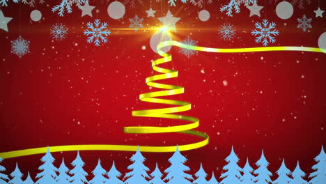 Animation-of-christmas-tree-formed-with-yellow-ribbon-and-snow-falling