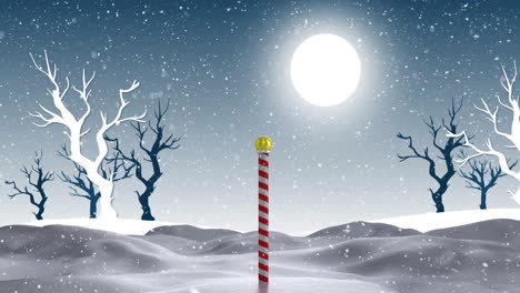 Animation-of-snow-falling-over-cane,-moon-and-winter-landscape