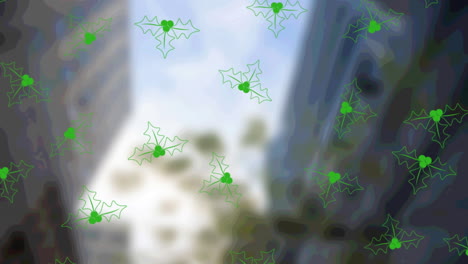 Animation-of-christmas-holly-pattern-over-out-of-focus-cityscape-in-background