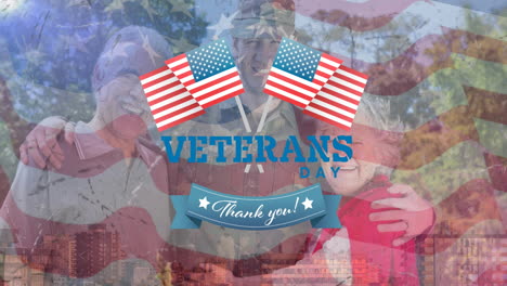 Animation-of-veterans-day-text-over-soldier-with-parents-and-american-flag