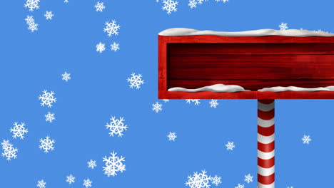Animation-of-snow-falling-over-christmas-wooden-sign-board-with-copy-space