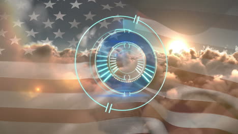 Animation-of-safe-lock-rotating-over-american-flag-and-cloudy-sky
