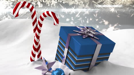 Animation-Von-Schnee,-Der-über-Weihnachtssüßigkeiten-Und--geschenke-Auf-Grauem-Hintergrund-Fällt