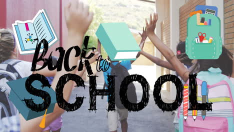 Animation-Von-„Back-To-School“-Texten-Mit-Schulsymbolen-über-Schulkindern,-Die-In-Der-Schule-Laufen