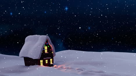 Snow-falling-over-house-on-winter-landscape-against-blue-shining-stars-in-night-sky