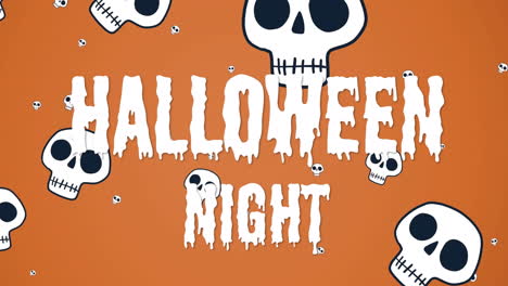 Animation-Von-Halloween-Grüßen-Und-Schwebenden-Totenköpfen-Auf-Orangefarbenem-Hintergrund