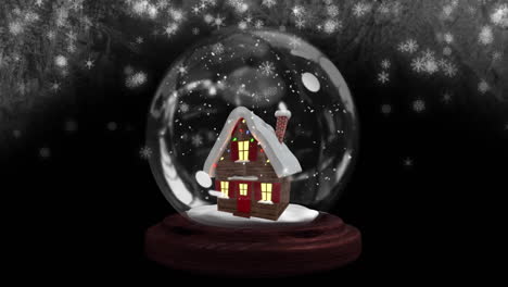 Animation-Einer-Schneekugel-Mit-Haus-über-Schnee-Auf-Schwarzem-Hintergrund