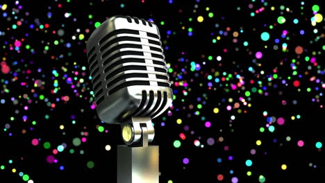 Animation-of-flying-glowing-colorful-lights-over-microphone-on-dark-background
