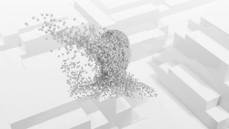 Animation-Eines-Menschlichen-Kopfes-Aus-Explodierenden-Partikeln-Auf-Weißem-3D-Hintergrund